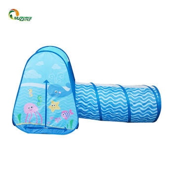 Pop-up tent kids with tunnel 2piece sea world printed polyester steel wire tent blue boy style Z-002