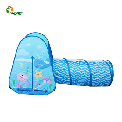 Pop-up tent kids with tunnel 2piece sea world printed polyester steel wire tent blue boy style Z-002